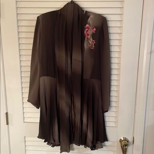 Yolanda Lorente Hand Painted Flower Pure Silk Elegant Brown Sheer MIDI Dress